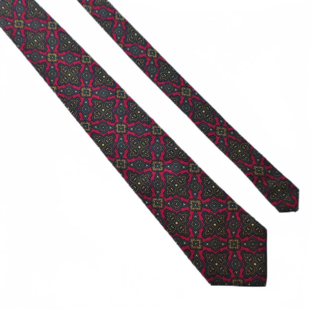 Vintage Burberrys of London Tie Mandala Floral Red Grey Yellow Gold 3.5 wide